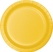 Bright yellow disposable paper plate with a ribbed rim and smooth center surface.