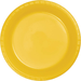 Bright yellow disposable plastic plate with a textured rim and shallow well, shown from above.