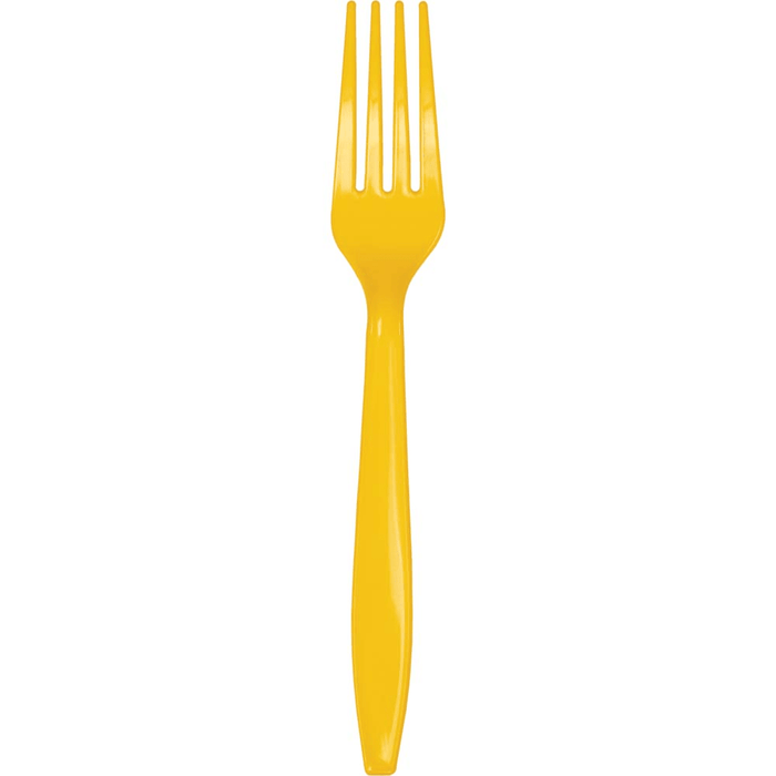 Bright yellow plastic fork with four tines and a long handle, shown against a white background.