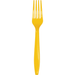 Bright yellow plastic fork with four tines and a long handle, shown against a white background.