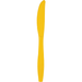 Bright yellow plastic knife with a serrated edge and tapered handle against a white background.