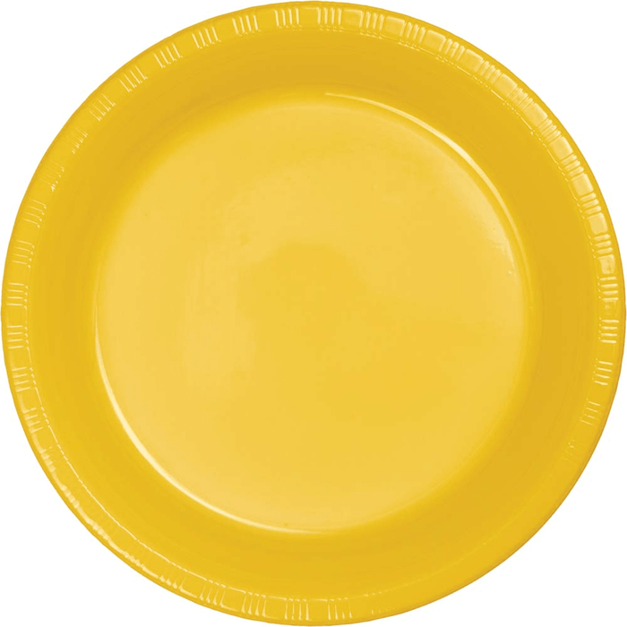 Bright yellow plastic dinner plate with a ridged rim and shallow well, shown from above against a white background.