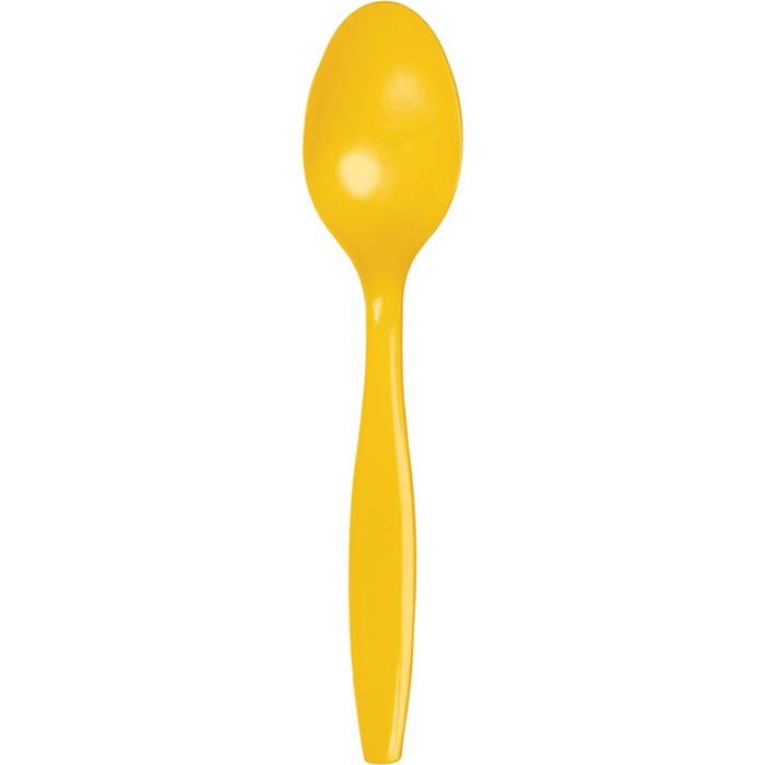 Bright yellow plastic spoon with an oval bowl and tapered handle, shown against a white background.