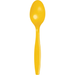 Bright yellow plastic spoon with an oval bowl and tapered handle, shown against a white background.
