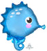 Blue mylar seahorse balloon with spiky fins, large eye with pink cheek, white spots on body, and curled tail, featuring Anagram branding.