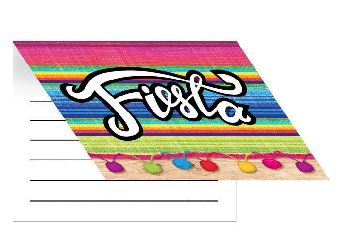 Fiesta-themed party invitations featuring rainbow striped serape design with colorful pom-poms along the bottom edge and the word "Fiesta" in white script lettering.