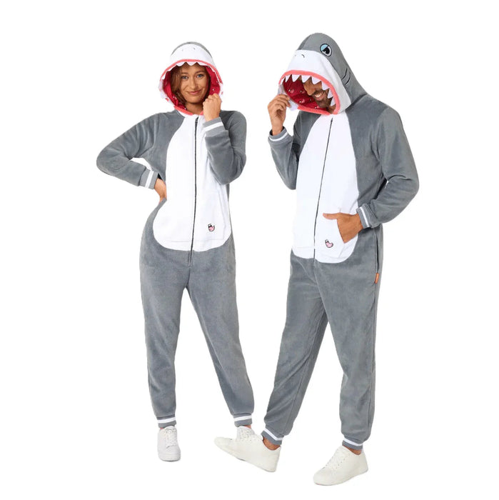 Two adults wearing matching gray OppoSuits Shark hooded onesies with white belly panels, front zippers, and attached shark character hoods featuring teeth, fins, and embroidered eyes, standing against a white background. Perfect for Halloween, costume parties, themed events, and cozy lounging.