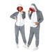 Two adults wearing matching gray OppoSuits Shark hooded onesies with white belly panels, front zippers, and attached shark character hoods featuring teeth, fins, and embroidered eyes, standing against a white background. Perfect for Halloween, costume parties, themed events, and cozy lounging.
