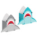Two shark-shaped paper treat bags in gray and turquoise with red felt teeth, black eyes, and gill details displayed side by side.