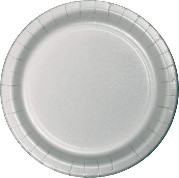 White paper plate with a pleated silver rim and smooth center, shown from above as a single plate.