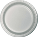 White paper plate with a pleated silver rim and smooth center, shown from above as a single plate.