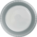 Clear plastic plate with a shimmering silver rim and decorative ridged border design.