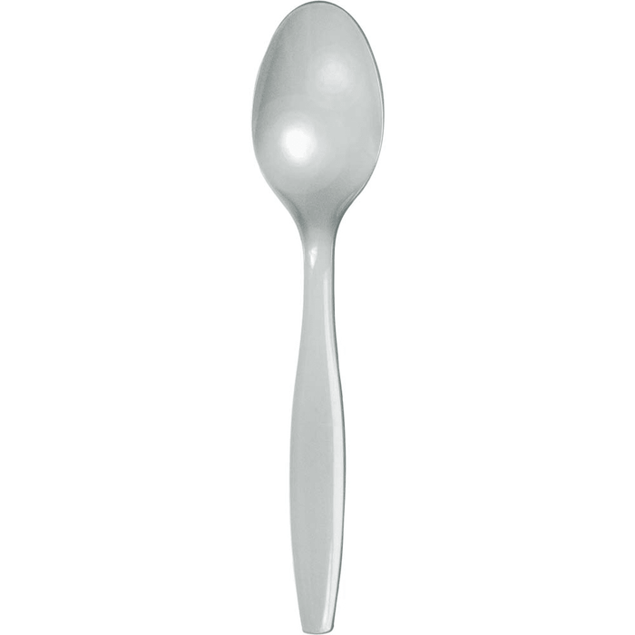 Silver plastic spoon with an oval bowl and tapered handle against a white background.