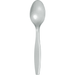 Silver plastic spoon with an oval bowl and tapered handle against a white background.