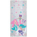 Clear plastic treat bags featuring three illustrated mermaids in pink, turquoise, and purple with long flowing hair, surrounded by shells, starfish, and bubbles in coordinating colors.