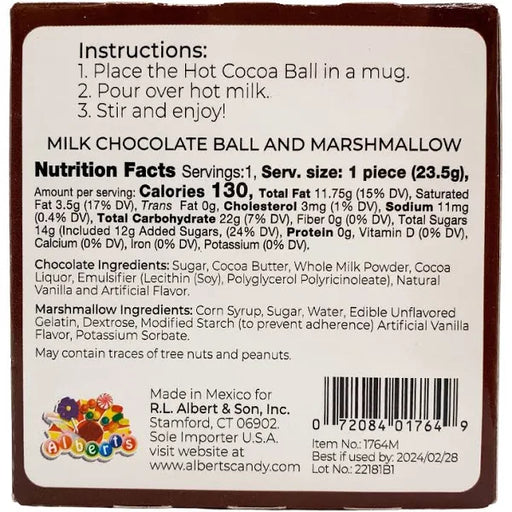 The back label of R.L. Albert and son Inc Christmas Salted Caramel Milk Chocolate Hot Cocoa Ball with Marshmallows showing instructions and nutrition facts.