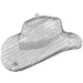 Silver glittery cowboy hat-shaped foil balloon with circular sequin pattern and dark accent dots along the brim.