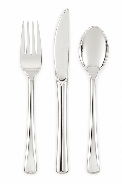 Three polished silver utensils arranged vertically: a four-pronged fork on the left, a dinner knife in the center, and a spoon on the right.