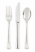 Three polished silver utensils arranged vertically: a four-pronged fork on the left, a dinner knife in the center, and a spoon on the right.