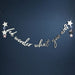 Silver metallic banner with "we wonder what you are" script text and hanging star decorations in white, gray, and pink on a dark blue background.