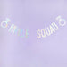 Iridescent "Bride Squad" banner with diamond ring garland decorations on a purple background.