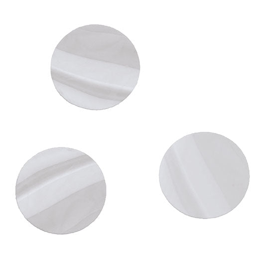 Three translucent circular discs with white and gray diagonal stripe patterns arranged in a triangular layout on a white background.