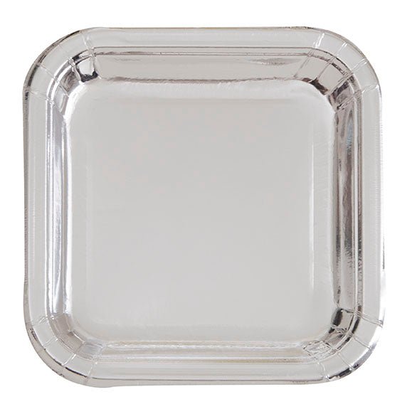 Clear square paper plate with silver foil rim and rounded corners, shown from above on white background.