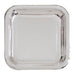 Clear square paper plate with silver foil rim and rounded corners, shown from above on white background.
