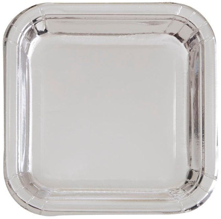 Eight silver foil square paper plates with rounded corners displayed in a stack against a white background.