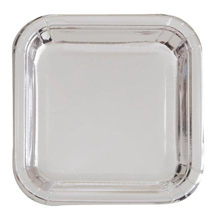 Eight silver foil square paper plates with rounded corners displayed in a stack against a white background.