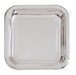 Eight silver foil square paper plates with rounded corners displayed in a stack against a white background.