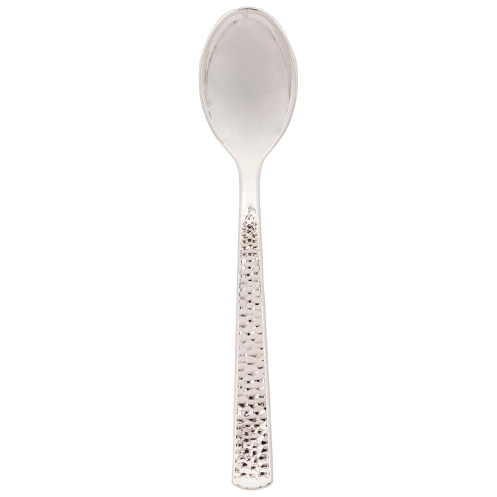 Clear plastic spoon with a silver hammered texture pattern on the handle and a smooth oval bowl.