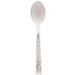 Clear plastic spoon with a silver hammered texture pattern on the handle and a smooth oval bowl.