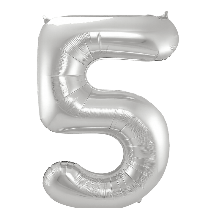 Silver foil number 5 balloon with a shiny metallic finish and rounded rectangular shape, designed for celebrations and decorations.