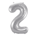 Silver foil number 2 balloon with a shiny metallic finish and small air valves at the top.