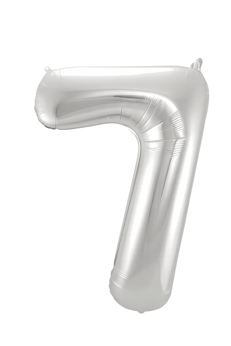 Silver foil number 7 balloon with a shiny metallic finish and small inflation valves at the top.