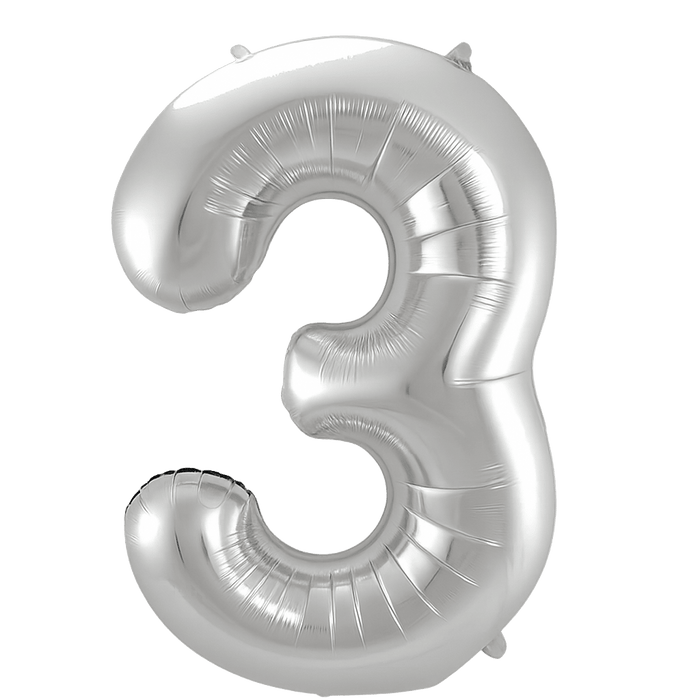 Silver metallic foil balloon shaped like the number 3, featuring a reflective surface and small attachment tabs at the top.
