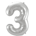 Silver metallic foil balloon shaped like the number 3, featuring a reflective surface and small attachment tabs at the top.