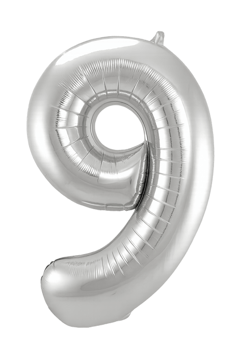 Silver metallic jumbo number 9 balloon with a shiny finish and vertical seam detailing, shown inflated against a white background.