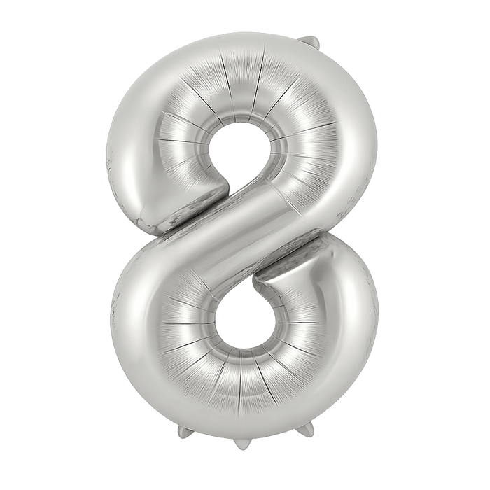 Silver metallic number 8 foil balloon with a shiny finish and ribbed texture, displayed against a white background.