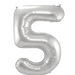 Silver foil number 5 balloon with a shiny metallic finish and rounded shape, approximately 34 inches tall.