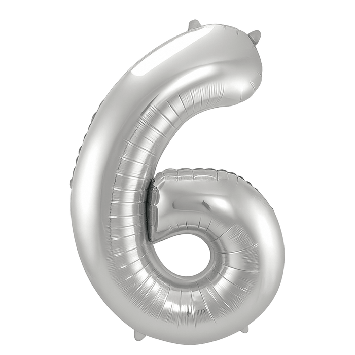 Silver foil balloon in the shape of the number 6, featuring a shiny metallic finish and small gray air valve tabs at the top.