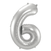 Silver foil balloon in the shape of the number 6, featuring a shiny metallic finish and small gray air valve tabs at the top.