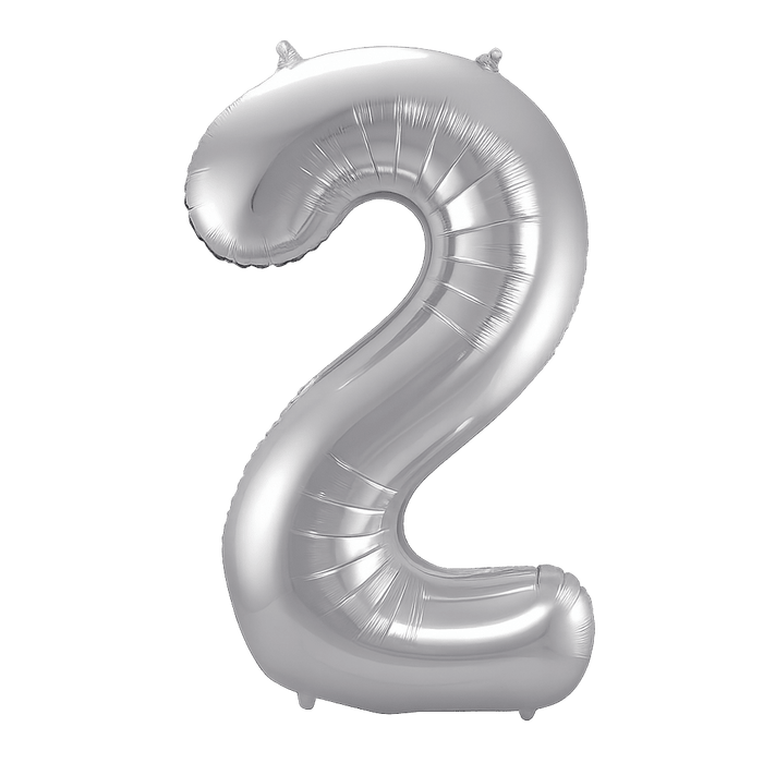 Silver metallic number 2 foil balloon with a shiny finish and small inflation nozzles at the top.