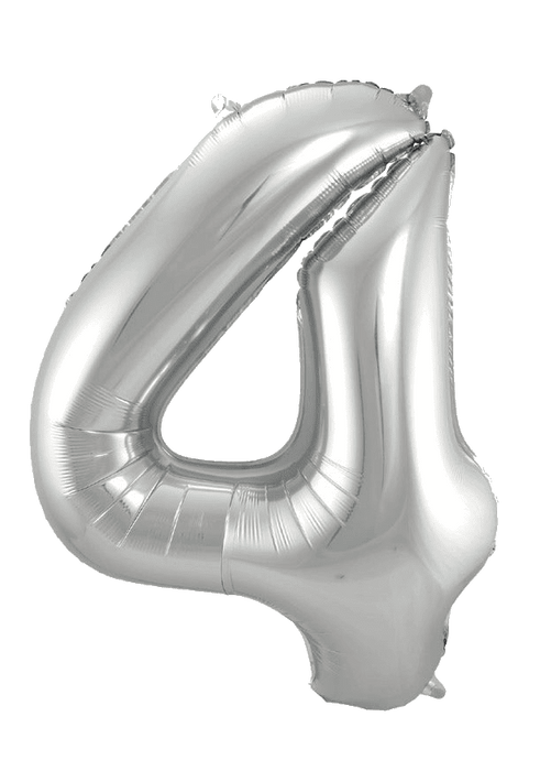 Silver metallic jumbo number 4 balloon with a shiny finish and small inflation tabs at the top.
