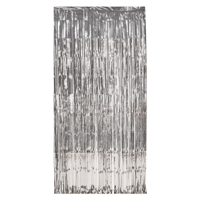 Silver metallic fringe curtain with vertical strands in a shimmering silver and white color scheme, measuring 3 feet wide by 8 feet tall.