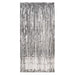 Silver metallic fringe curtain with vertical strands in a shimmering silver and white color scheme, measuring 3 feet wide by 8 feet tall.