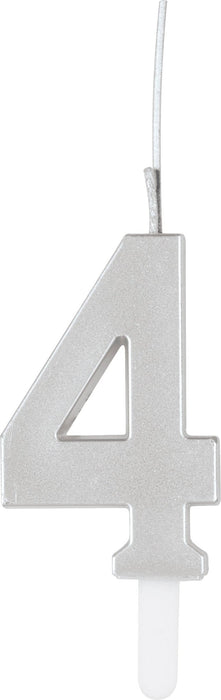 Silver glitter number 4 shaped candle with a white stick attached, designed for cake decoration.