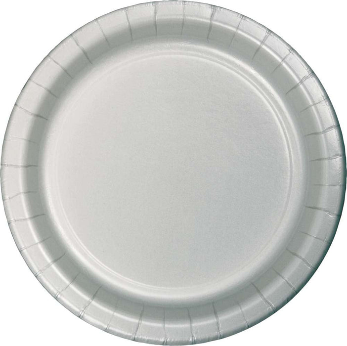 White disposable paper plate with pleated rim edges and ridged border design, shown from above.