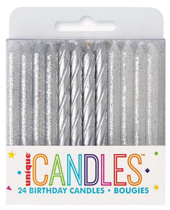 Box of 24 silver glitter and spiral birthday candles with colorful "Unique Candles" branding on white packaging.